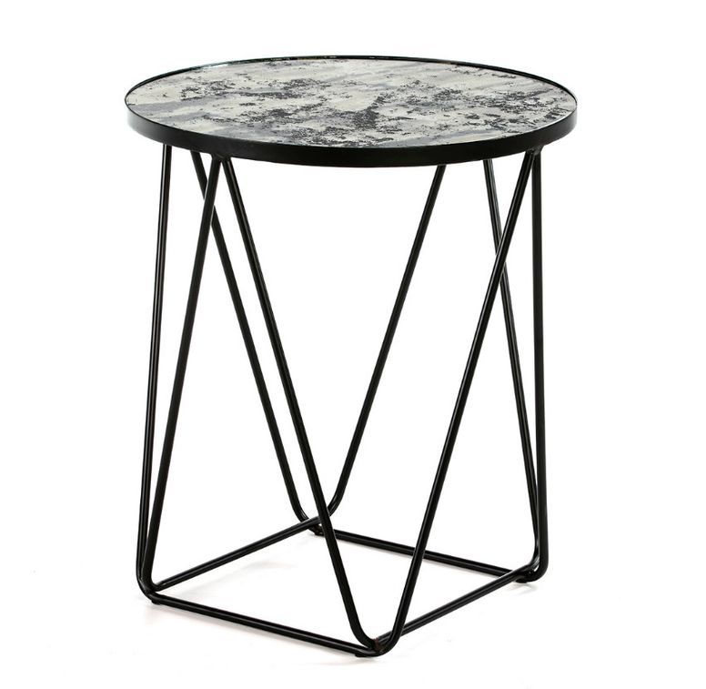 Table d'appoint ronde miroir vieilli et métal noir Roy - Photo n°1