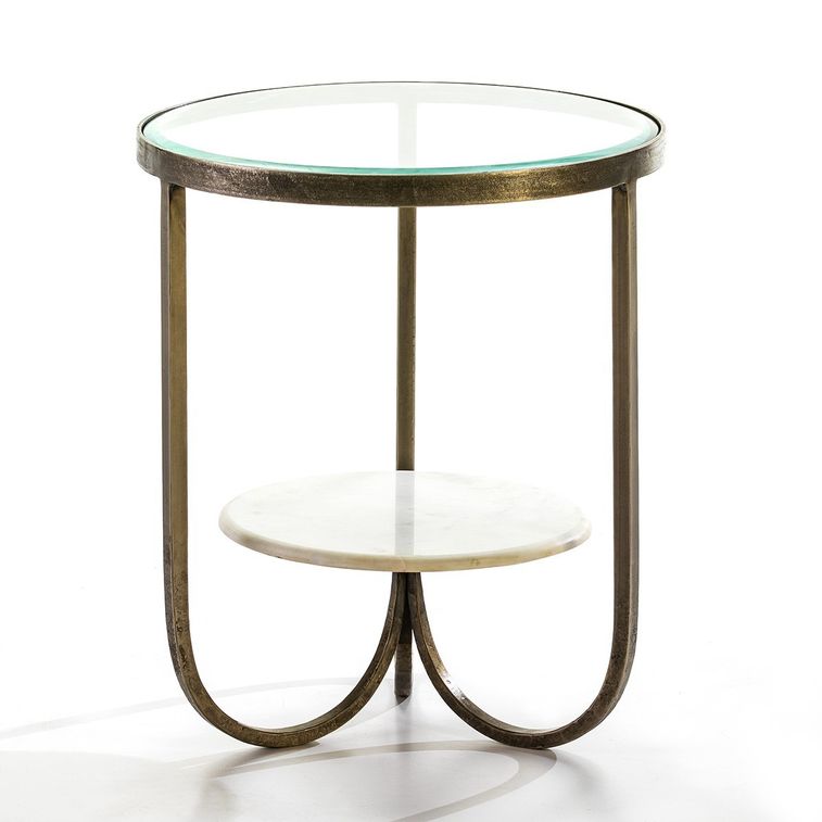 Table d'appoint ronde plateaux verre et marbre pieds métal doré Wanna - Photo n°1