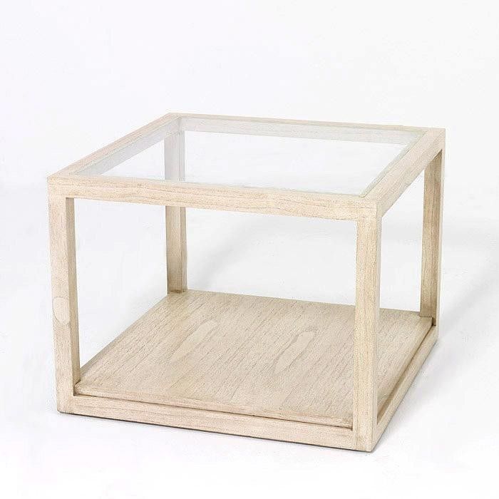 Table d'appoint verre et bois massif peint blanc voilé Orina H 45 cm - Photo n°1
