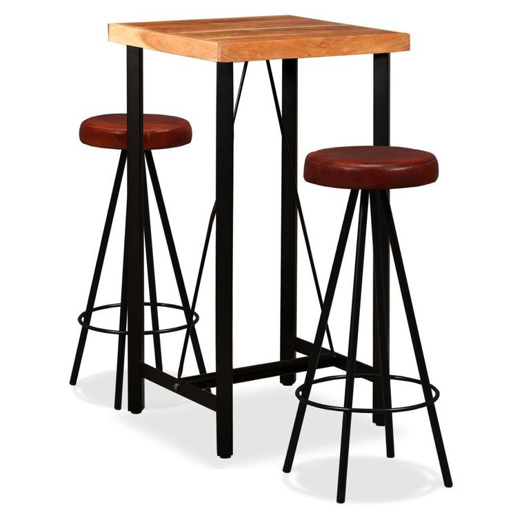 Table de bar bois de Sesham massif et 2 tabourets cuir marron Spani - Photo n°1
