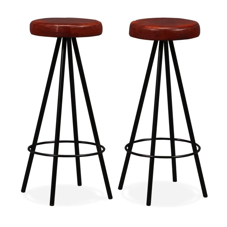Table de bar bois de Sesham massif et 2 tabourets cuir marron Spani - Photo n°7
