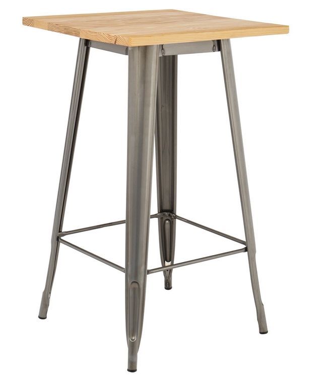 Table de bar carrée acier brossé et plateau pin massif clair Kontoir 60 cm - Photo n°1