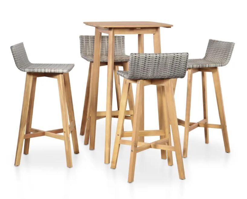 Table de bar carrée et 4 chaises de jardin acacia massif clair et résine tressée gris Vidot - Photo n°1