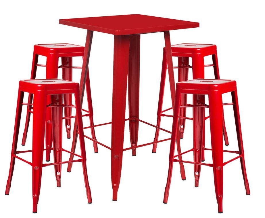 Table de bar carrée rouge brillant et 4 tabourets industriel Pinka - Photo n°1