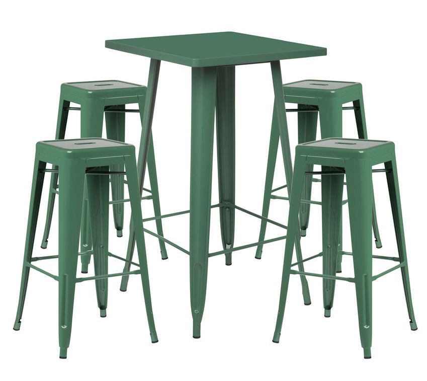 Table de bar carrée vert foncé brillant et 4 tabourets industriel Pinka - Photo n°1