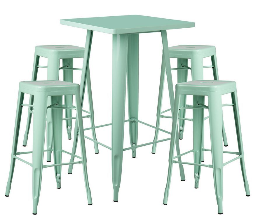 Table de bar carrée vert pastel brillant et 4 tabourets industriel Pinka - Photo n°1