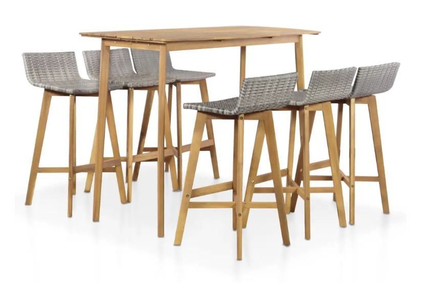 Table de bar et 6 chaises de jardin acacia massif clair et résine tressée gris Vidot 150 - Photo n°1