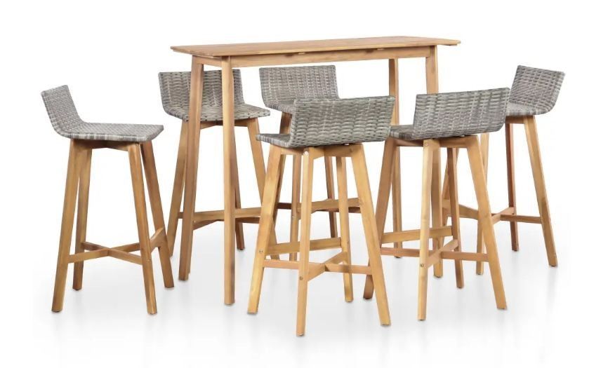Table de bar et 6 chaises de jardin acacia massif clair et résine tressée gris Vidot - Photo n°1