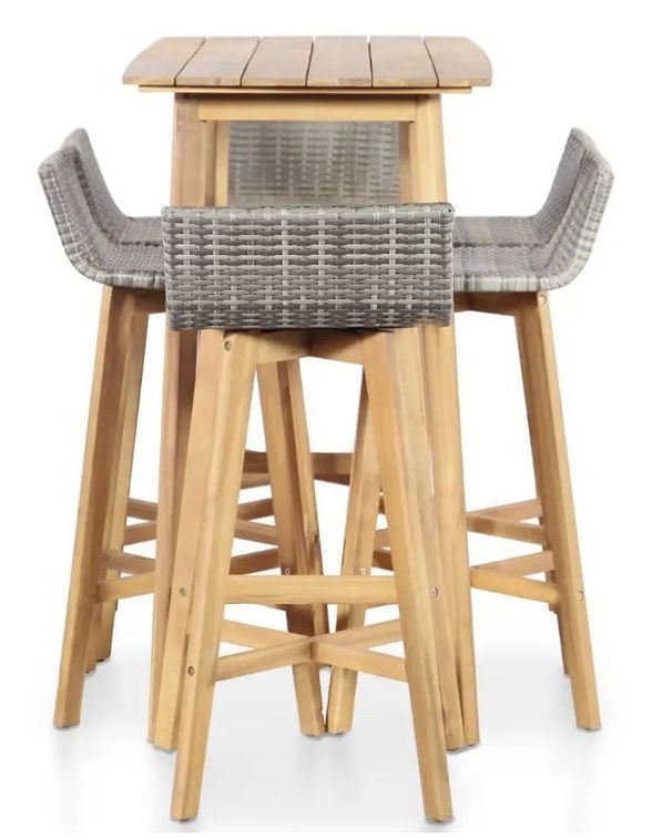 Table de bar et 6 chaises de jardin acacia massif clair et résine tressée gris Vidot - Photo n°2