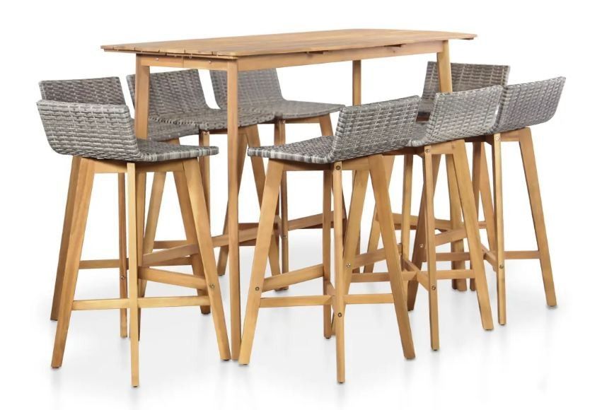 Table de bar et 8 chaises de jardin acacia massif clair et résine tressée gris Vidot - Photo n°1