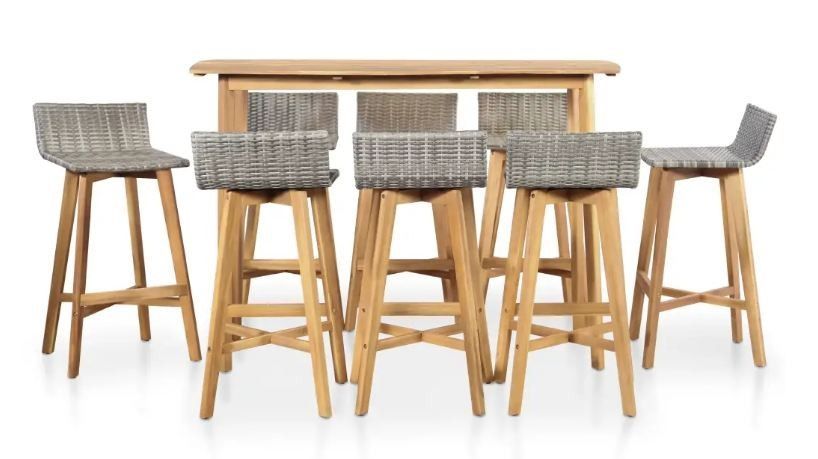 Table de bar et 8 chaises de jardin acacia massif clair et résine tressée gris Vidot - Photo n°2
