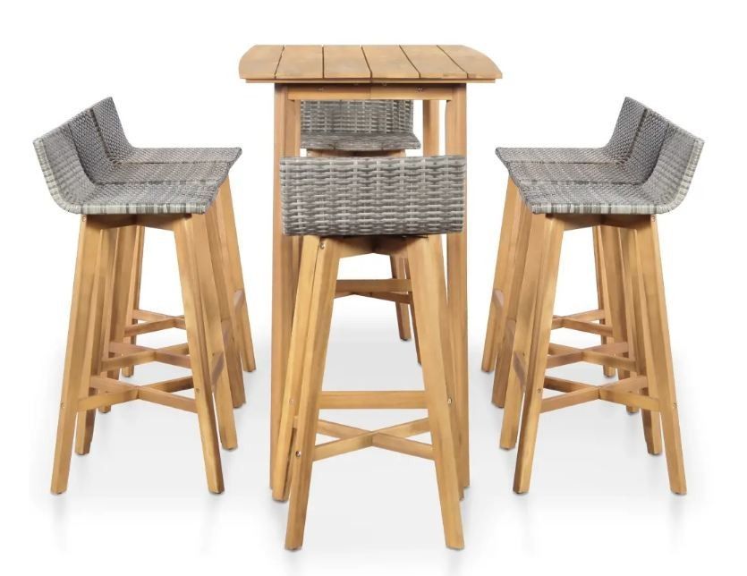 Table de bar et 8 chaises de jardin acacia massif clair et résine tressée gris Vidot - Photo n°3