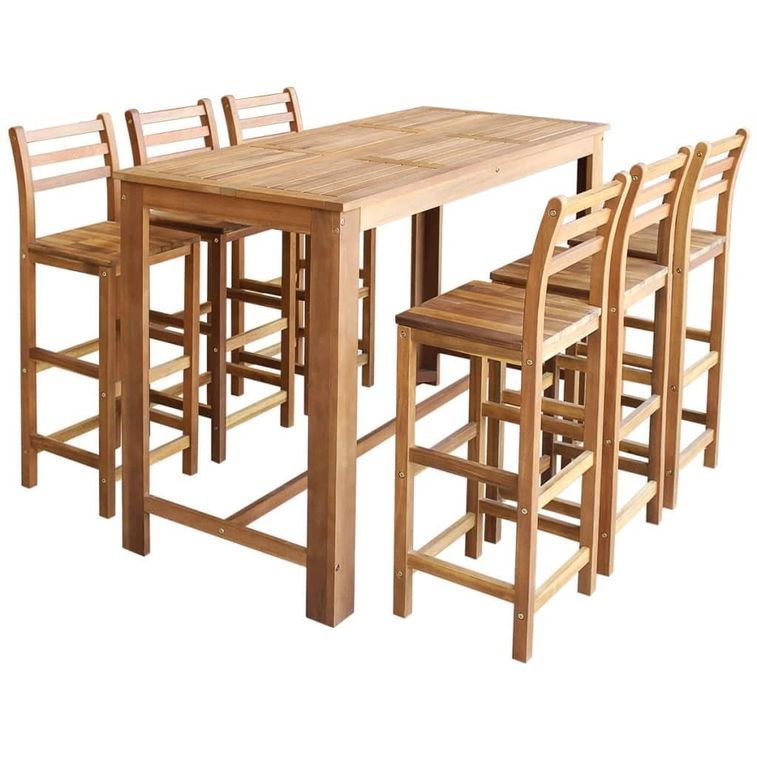 Table de bar rectangulaire bois d'acacia massif et 6 tabourets naturel Zeni - Photo n°1