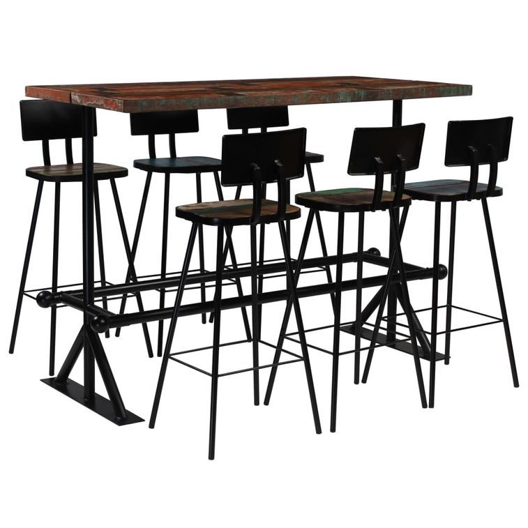 Table de bar rectangulaire bois recyclé massif multi couleurs et 6 tabourets industriel - Photo n°1
