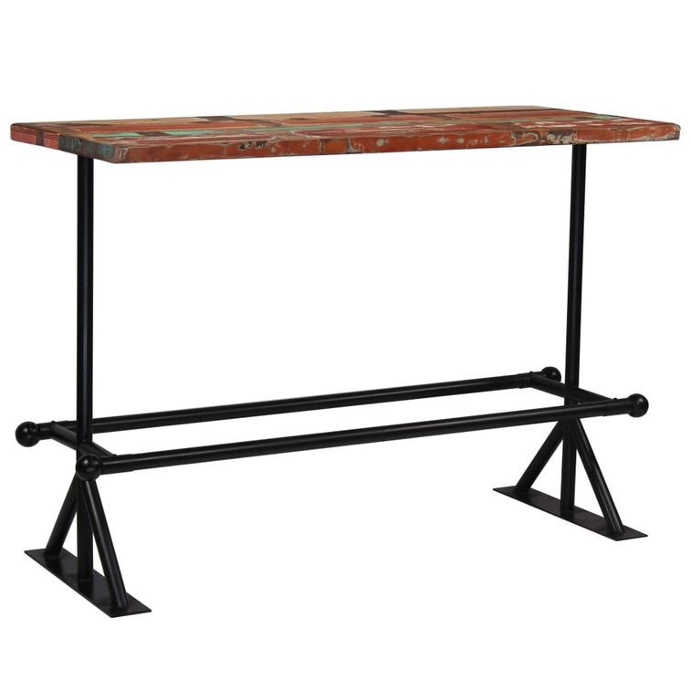 Table de bar rectangulaire bois recyclé massif multi couleurs et 6 tabourets industriel - Photo n°3