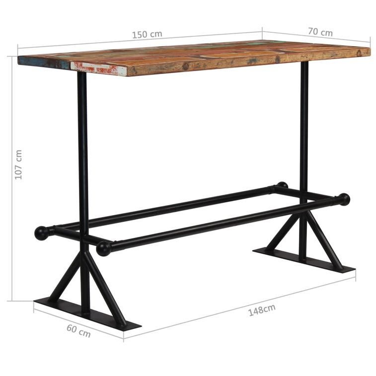 Table de bar rectangulaire bois recyclé massif multi couleurs et 6 tabourets industriel - Photo n°6