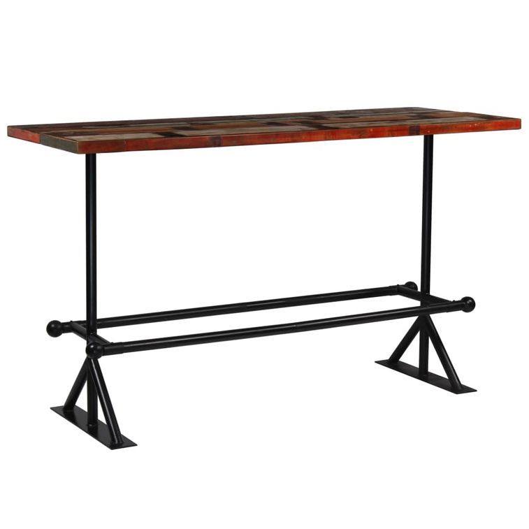 Table de bar rectangulaire bois recyclé massif multi couleurs et 8 tabourets industriel - Photo n°2