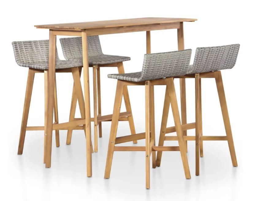 Table de bar rectangulaire et 4 chaises de jardin acacia massif clair et résine tressée gris Vidot - Photo n°1