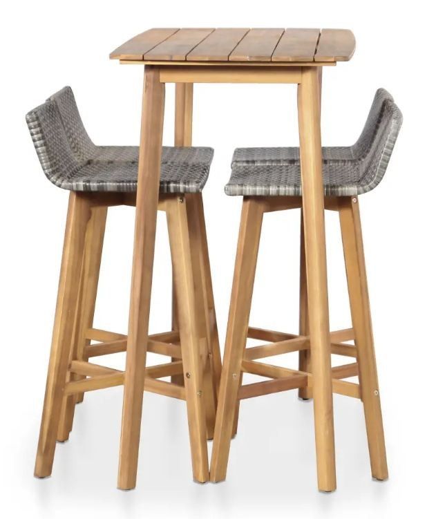 Table de bar rectangulaire et 4 chaises de jardin acacia massif clair et résine tressée gris Vidot - Photo n°2