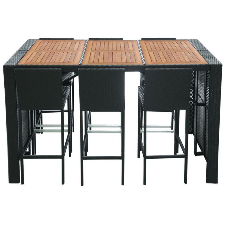 Table de bar rectangulaire et 6 tabourets de jardin résine tressée noir Klark - Photo n°3