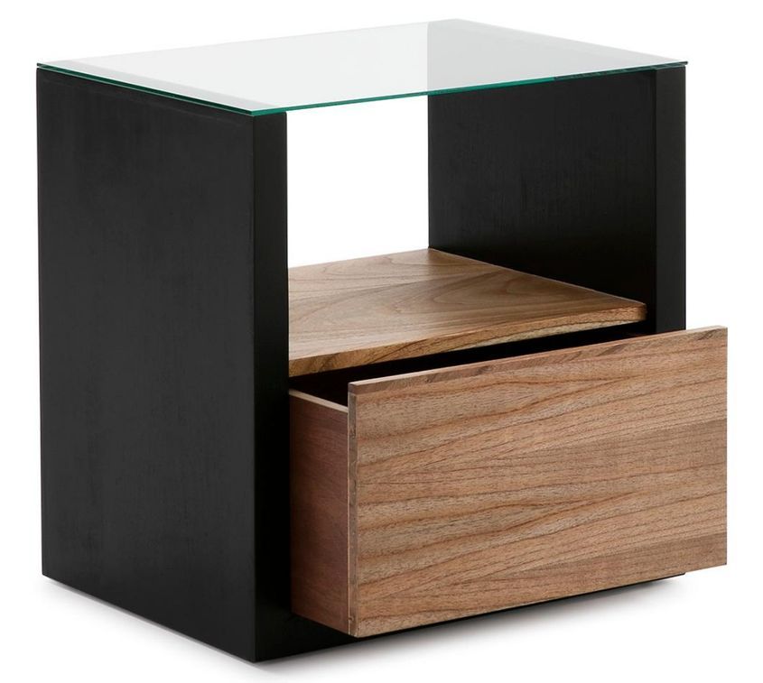 Table de chevet 1 niche 1 tiroir bois noir et foncé et verre Kanie - Photo n°2