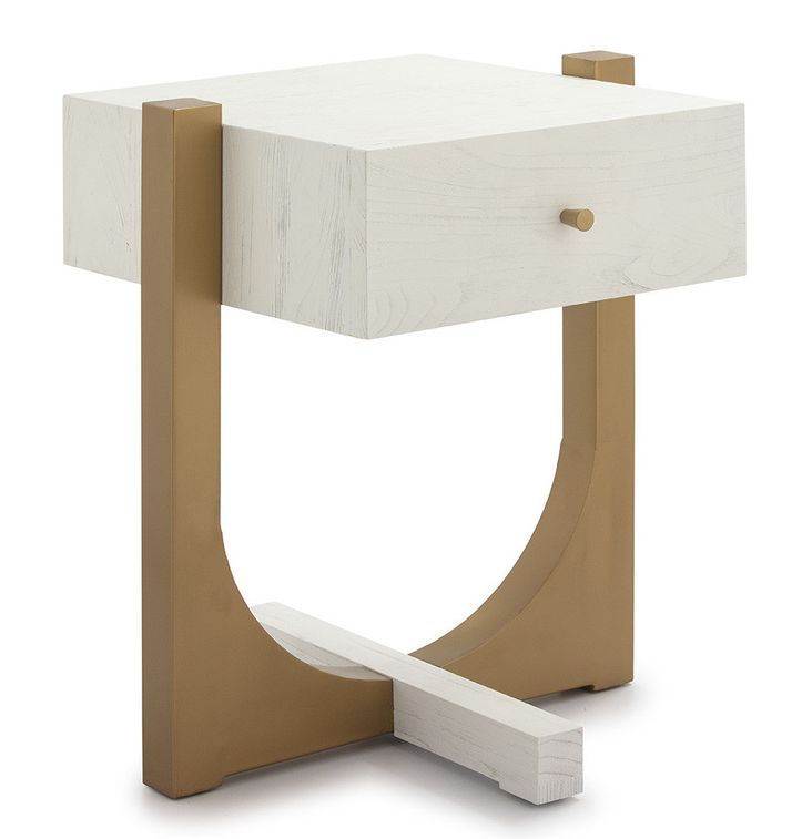 Table de chevet 1 tiroir bois massif blanc et pied métal doré Klass - Photo n°1