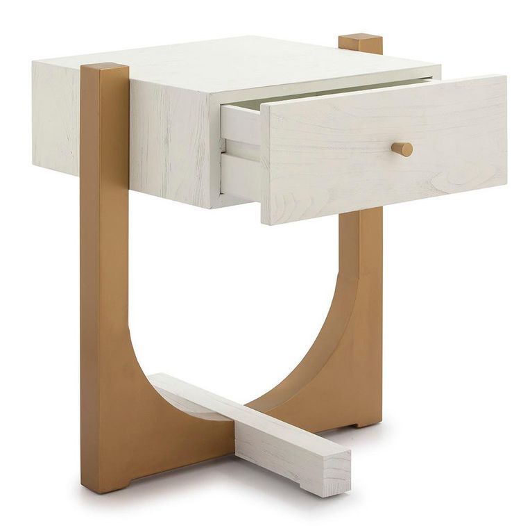 Table de chevet 1 tiroir bois massif blanc et pied métal doré Klass - Photo n°3