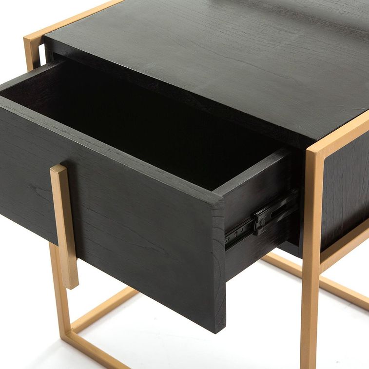 Table de chevet 1 tiroir bois massif noir et métal doré Oslo - Photo n°3