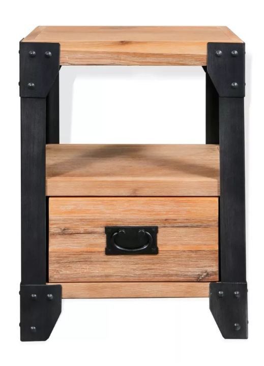 Table de chevet 1 tiroir et 1 étagère acacia massif clair pieds métal noir Aqua - Photo n°2