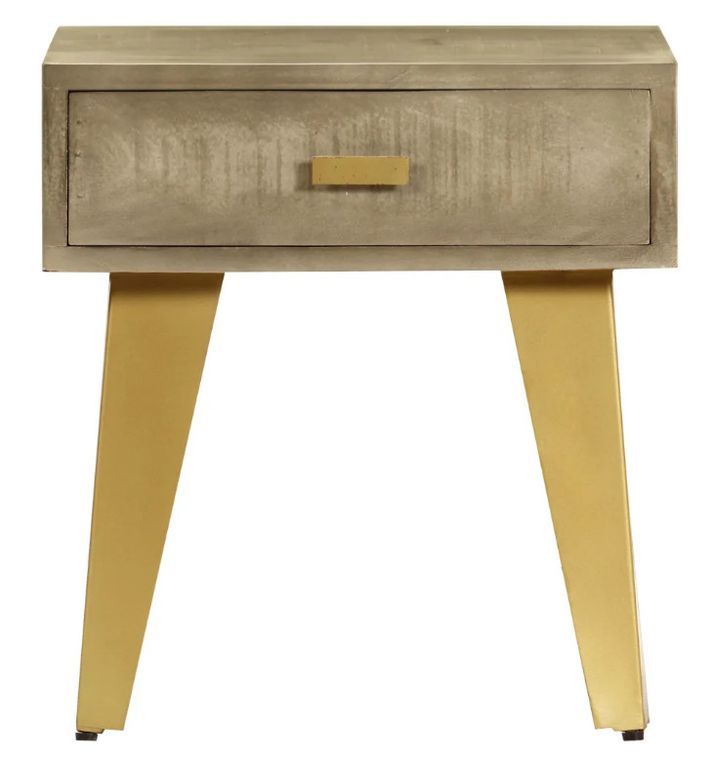 Table de chevet 1 tiroir manguier massif gris et pieds métal doré Heintz - Photo n°2