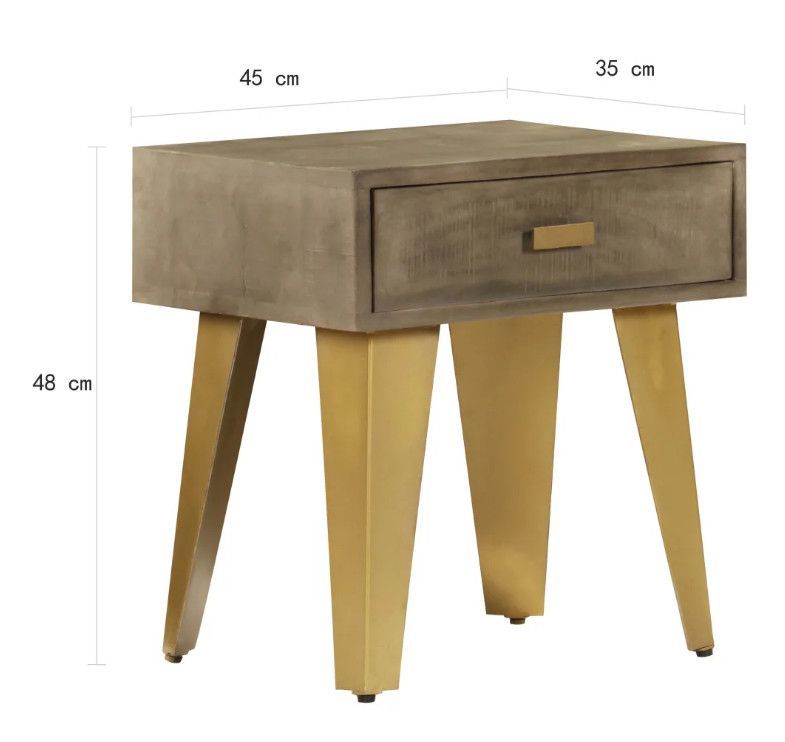Table de chevet 1 tiroir manguier massif gris et pieds métal doré Heintz - Photo n°5