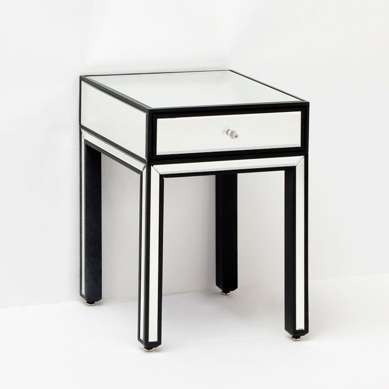 Table de chevet 1 tiroir miroir et bois peint noir Qio - Photo n°1