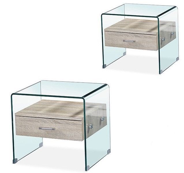 Table de chevet 1 tiroir verre et bois clair Sella - Lot de 2 - Photo n°1