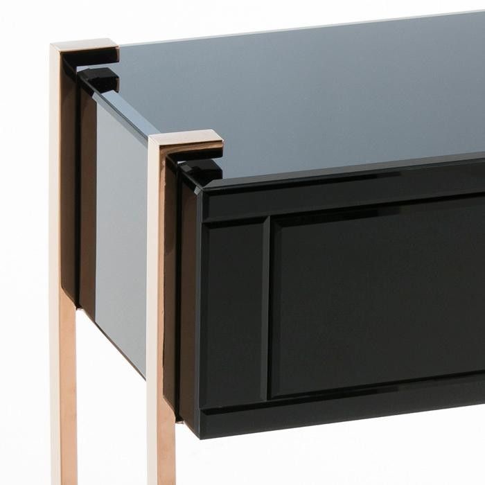 Table de chevet 1 tiroir verre noir et pieds métal or rose Amy - Photo n°2