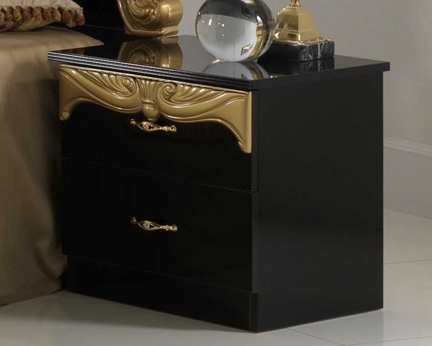 Table de chevet 2 tiroirs bois brillant noir et doré Crissie - Photo n°1
