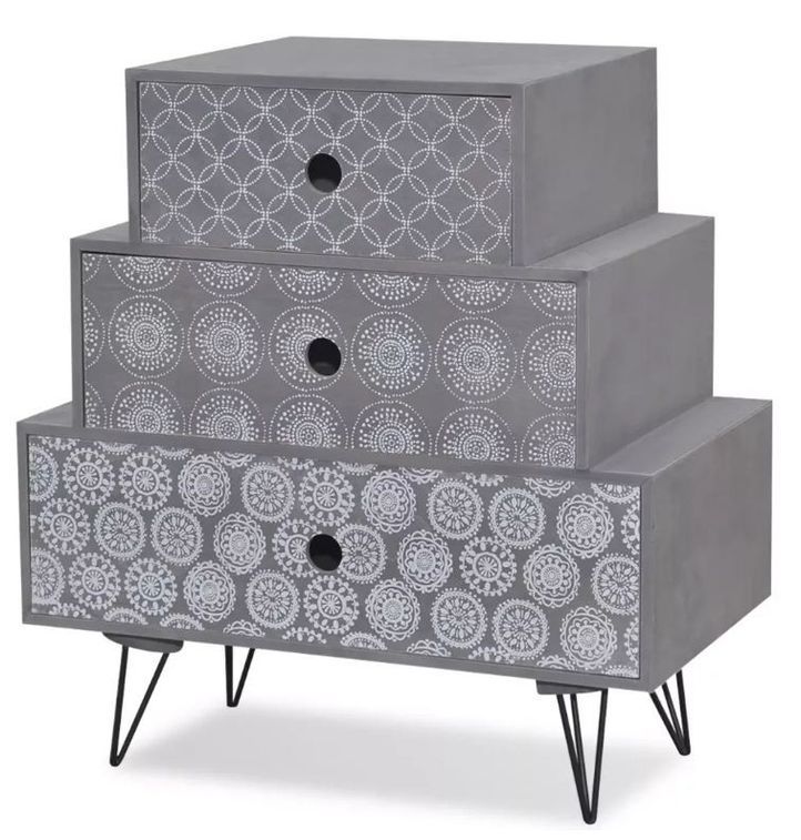 Table de chevet 3 tiroirs bois gris et pieds métal noir Chicca - Photo n°1