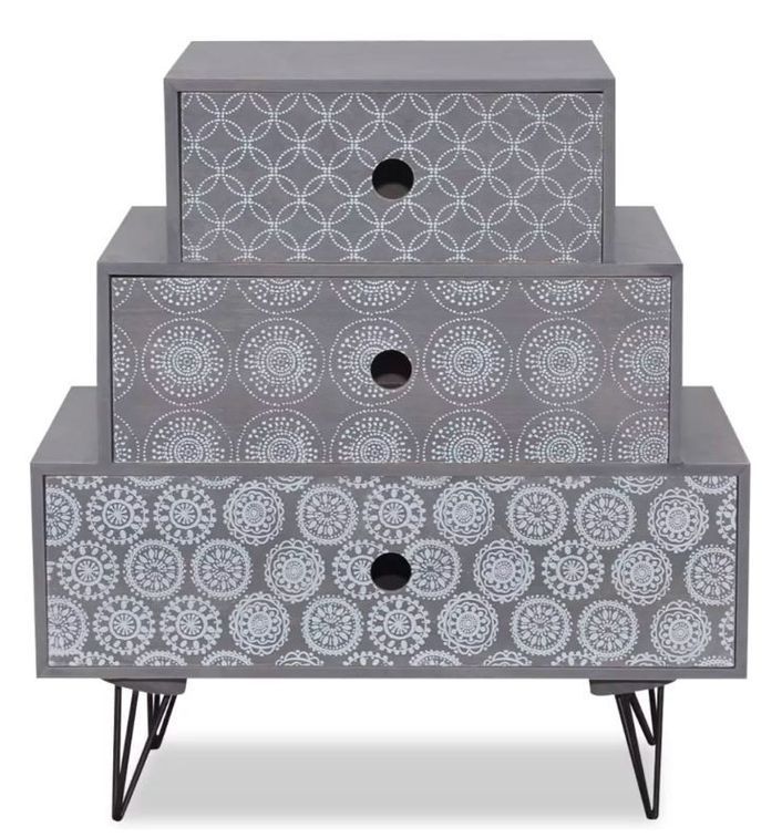 Table de chevet 3 tiroirs bois gris et pieds métal noir Chicca - Photo n°2