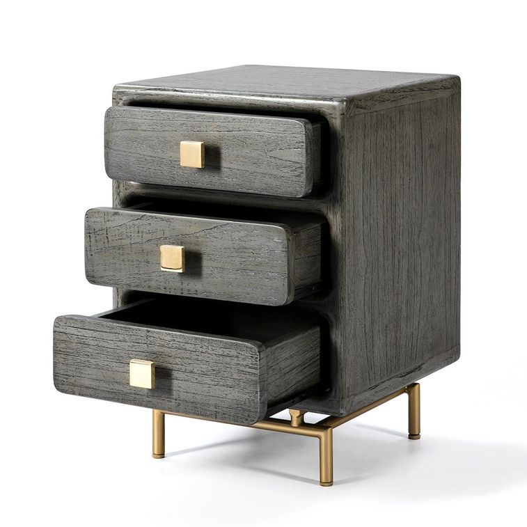 Table de chevet 3 tiroirs bois massif peint gris Bar - Photo n°3