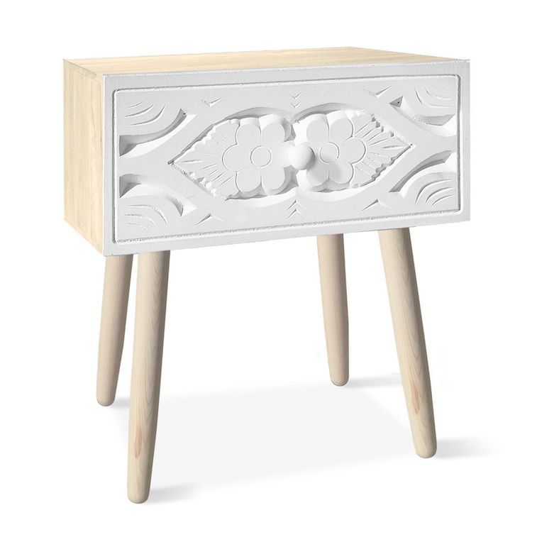 Table de chevet bois massif blanc et pieds bois clair Miras - Photo n°1