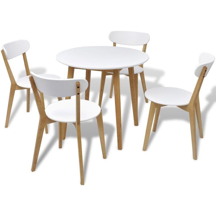 Table de cuisine scandinave ronde et 4 chaises naturel et blanc Domu - Photo n°1