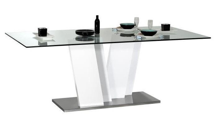 Table design rectangulaire verre trempé et pied laqué blanc et chromé Kartz 200 cm - Photo n°2