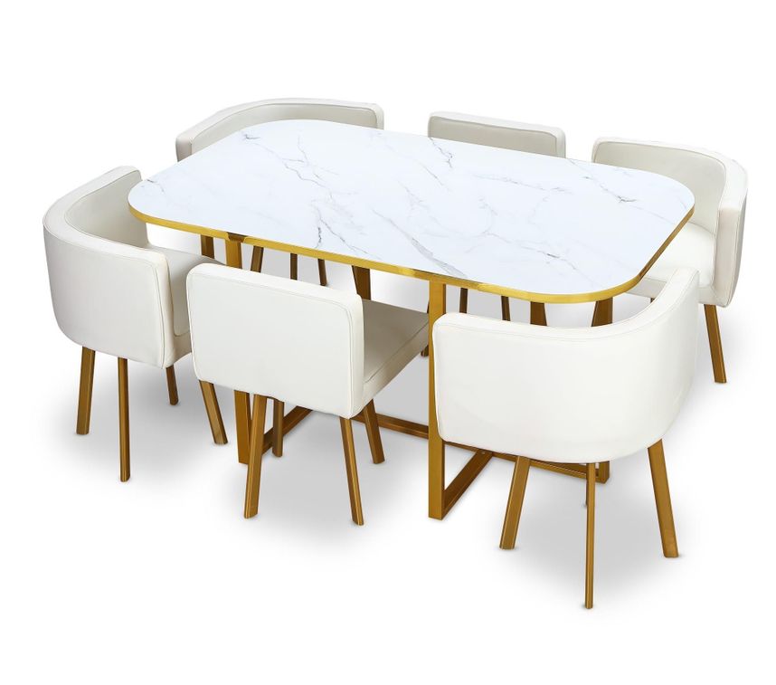 Table effet marbre et 6 chaises simili cuir blanc pieds métal doré Manda - Photo n°2
