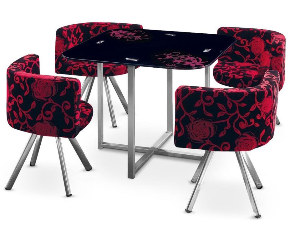 Table et 4 chaises Mosaic 90 Fleurs rouge et noir - Photo n°1