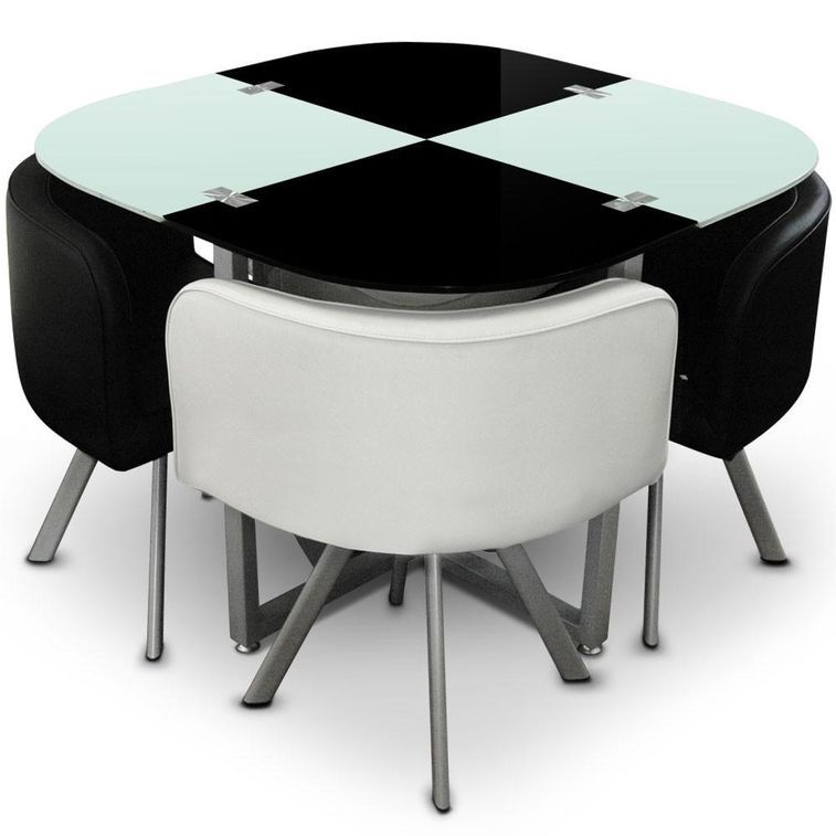 Table et 4 chaises noir et blanc pieds métal chromé Mozza - Photo n°1