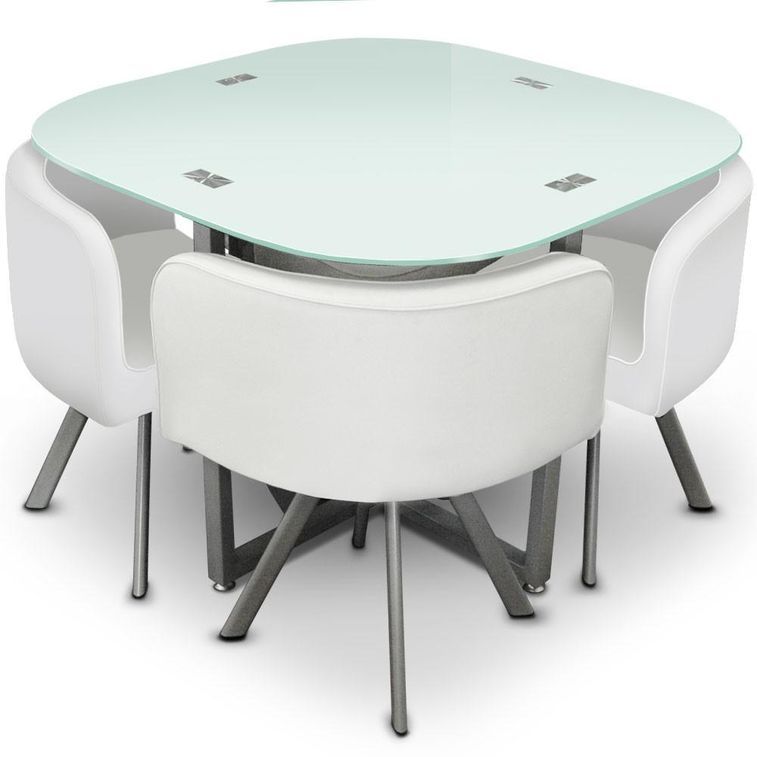 Table et 4 chaises verre blanc et pieds métal chromé Mozza - Photo n°1