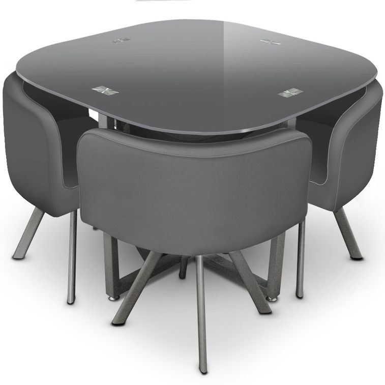 Table et 4 chaises verre gris et pieds métal chromé Mozza - Photo n°1