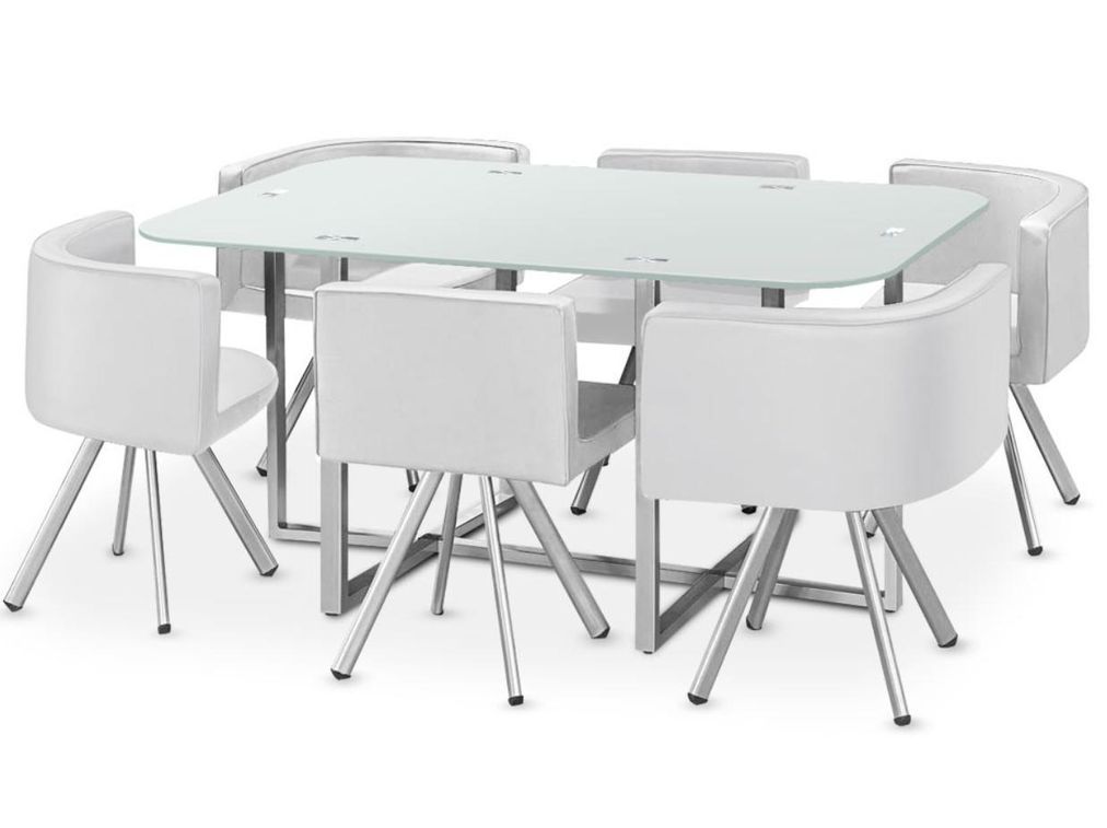 Table et 6 chaises verre blanc et pieds métal chromé Mozza - Photo n°1