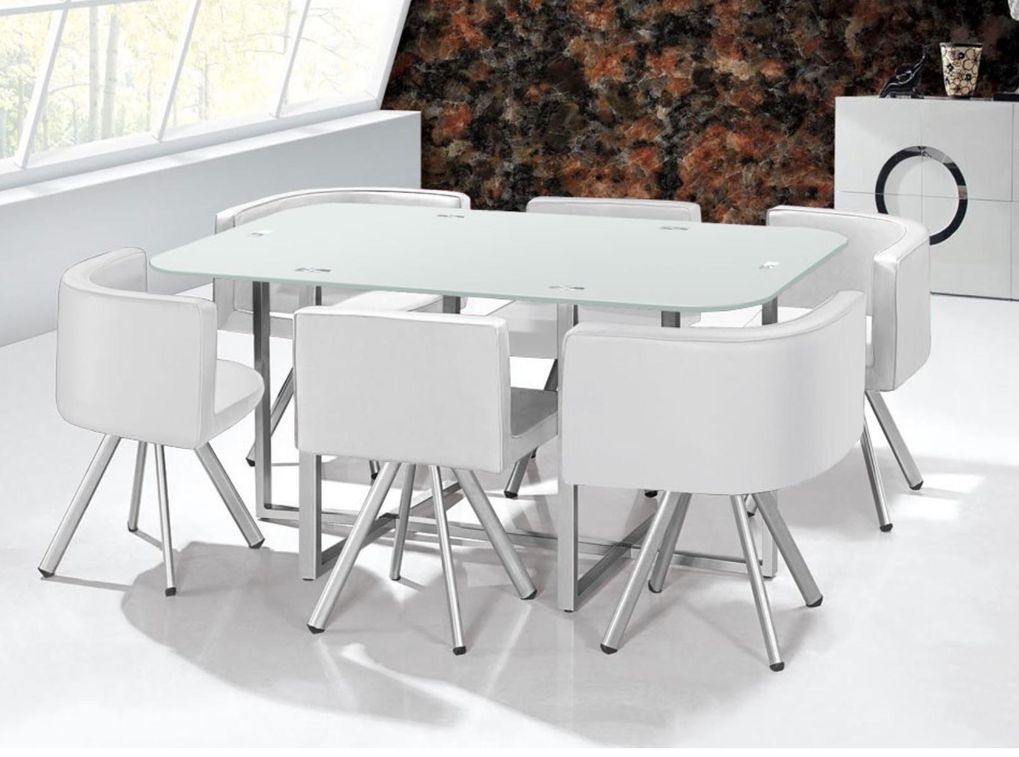 Table et 6 chaises verre blanc et pieds métal chromé Mozza - Photo n°3