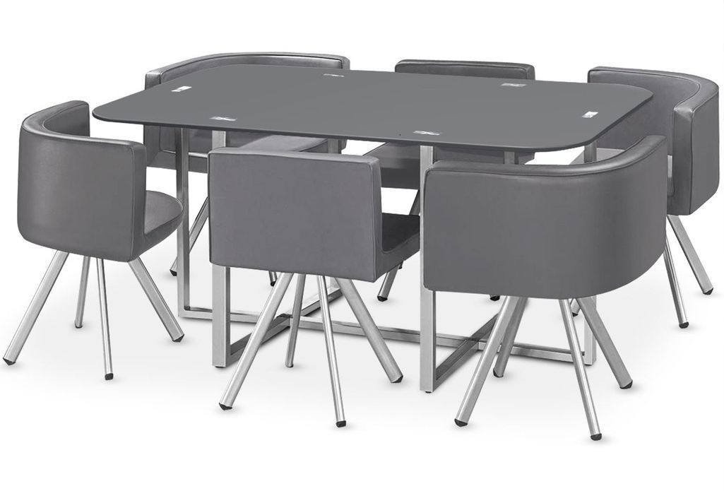 Table et 6 chaises verre gris et pieds métal chromé Mozza - Photo n°1