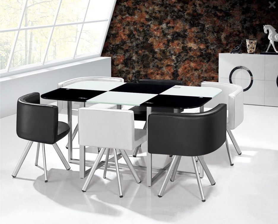 Table et 6 chaises verre noir et pieds métal chromé Mozza 2 - Photo n°2